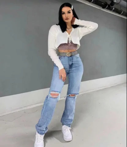 Women's Loose Fit Jeans Ripped Wide Leg