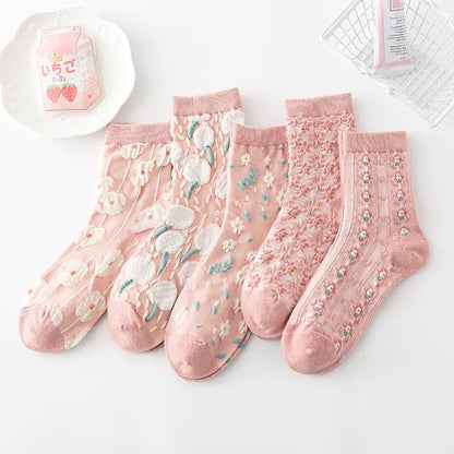 5 Pairs Vintage Flower Embroidery Socks